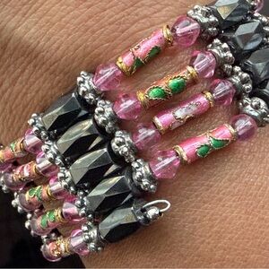 Pink Cloisonné & Black Faceted Hematite Magnetic Bead Wrap Bracelet Necklace 36”
